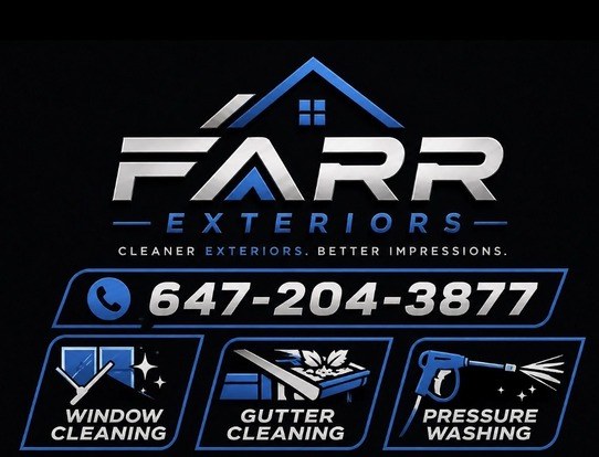 Farr Exteriors logo: window cleaning, gutter cleaning and pressure washing, call 647-204-3877